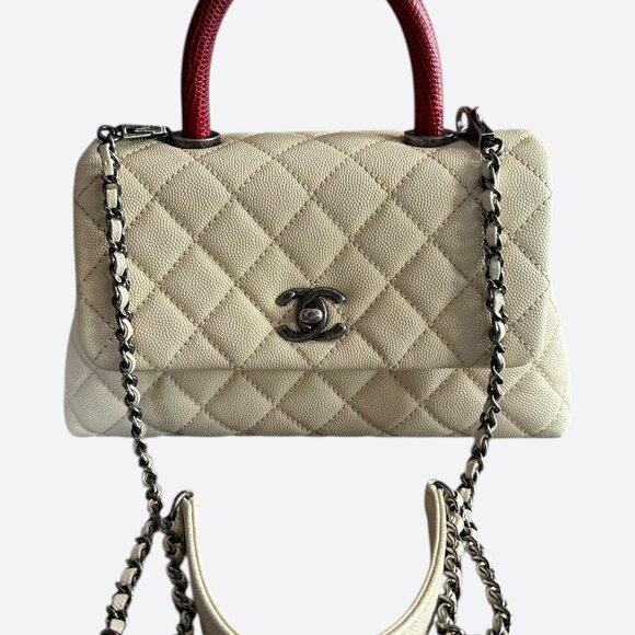 Chanel Beige & Red Caviar Quilted Small Coco Top Handle Bag - Picture 5 of 8